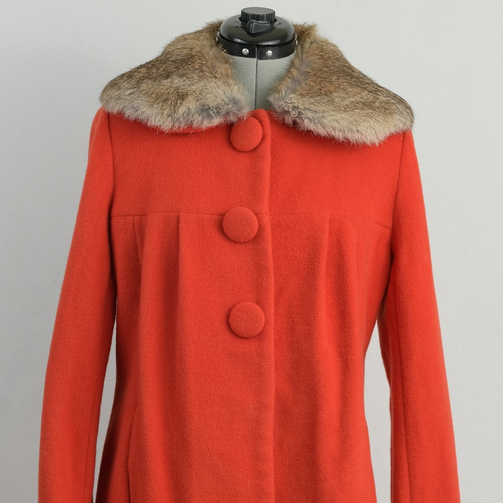 Hopeshow Orange Wool Pea Coat with Fur Collar